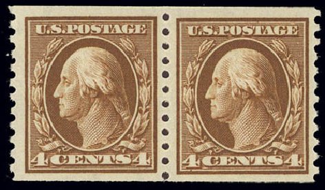 US Stamps Values Scott 446 - 1915 4c Washington Coil Perf 10 Vertically. Daniel Kelleher Auctions, Feb 2013, Sale 634, Lot 275