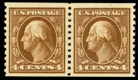 US Stamps Value Scott Cat. # 446: 1915 4c Washington Coil Perf 10 Vertically. Daniel Kelleher Auctions, Sep 2013, Sale 639, Lot 3565