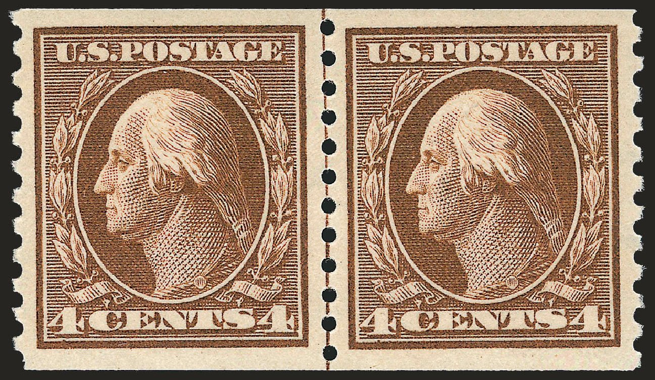 Costs of US Stamp Scott Catalog 446 - 1915 4c Washington Coil Perf 10 Vertically. Robert Siegel Auction Galleries, Sep 2009, Sale 968B, Lot 572