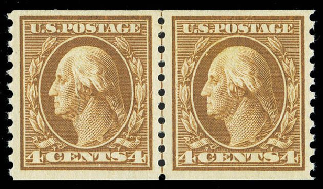 Prices of US Stamp Scott 446 - 4c 1915 Washington Coil Perf 10 Vertically. Matthew Bennett International, Sep 2012, Sale 345, Lot 353