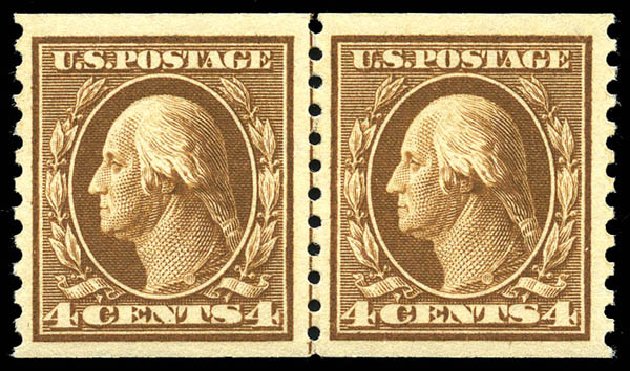 US Stamp Values Scott Catalog 446: 4c 1915 Washington Coil Perf 10 Vertically. Matthew Bennett International, May 2014, Sale 350, Lot 593