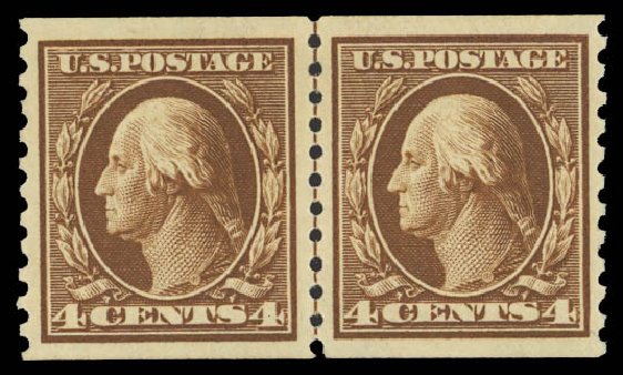 Values of US Stamp Scott Cat. #446: 4c 1915 Washington Coil Perf 10 Vertically. Daniel Kelleher Auctions, Apr 2012, Sale 629, Lot 346