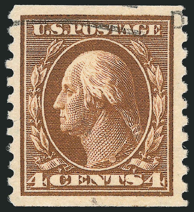 US Stamps Values Scott Catalogue # 446: 4c 1915 Washington Coil Perf 10 Vertically. Robert Siegel Auction Galleries, Oct 2012, Sale 1032, Lot 3546