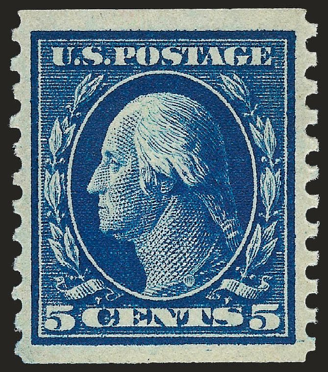 US Stamp Values Scott Cat. # 447: 5c 1914 Washington Coil Perf 10 Vertically. Robert Siegel Auction Galleries, Sep 2009, Sale 968B, Lot 577