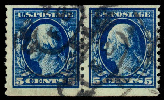 US Stamp Values Scott Cat. 447 - 5c 1914 Washington Coil Perf 10 Vertically. Daniel Kelleher Auctions, Sep 2013, Sale 639, Lot 3568