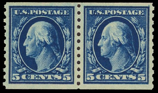 Values of US Stamp Scott #447: 1914 5c Washington Coil Perf 10 Vertically. Daniel Kelleher Auctions, Jan 2012, Sale 628, Lot 509