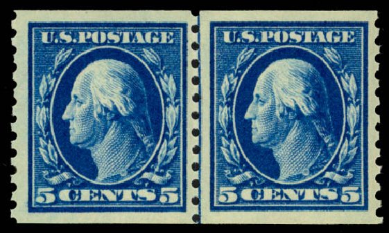 Values of US Stamp Scott # 447 - 5c 1914 Washington Coil Perf 10 Vertically. Daniel Kelleher Auctions, Sep 2014, Sale 655, Lot 500