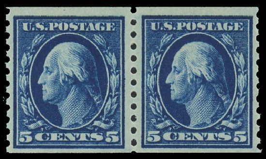 US Stamps Value Scott 447 - 5c 1914 Washington Coil Perf 10 Vertically. Daniel Kelleher Auctions, Oct 2012, Sale 632, Lot 1361