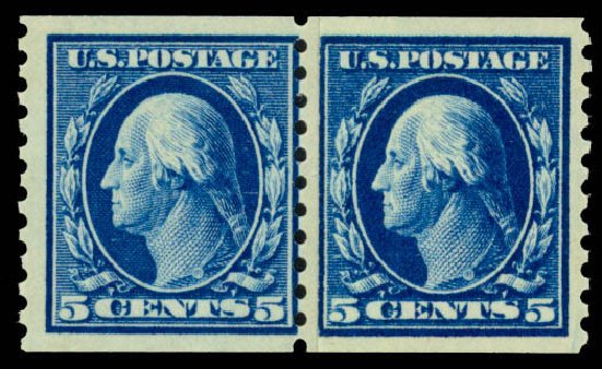 Values of US Stamps Scott # 447 - 5c 1914 Washington Coil Perf 10 Vertically. Daniel Kelleher Auctions, Apr 2013, Sale 636, Lot 354