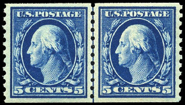 US Stamps Price Scott #447: 1914 5c Washington Coil Perf 10 Vertically. Matthew Bennett International, May 2014, Sale 350, Lot 595