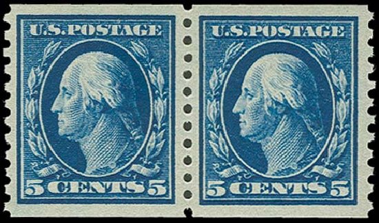 US Stamp Value Scott Catalogue # 447 - 1914 5c Washington Coil Perf 10 Vertically. H.R. Harmer, Oct 2014, Sale 3006, Lot 1365
