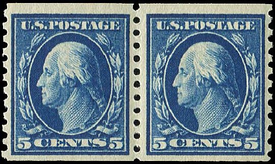 US Stamp Price Scott Cat. #447: 5c 1914 Washington Coil Perf 10 Vertically. Regency-Superior, Nov 2014, Sale 108, Lot 845