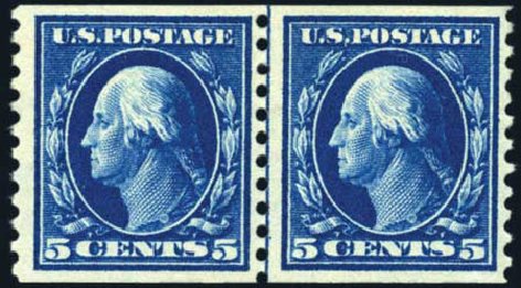 Values of US Stamps Scott Catalog #447 - 1914 5c Washington Coil Perf 10 Vertically. Harmer-Schau Auction Galleries, Feb 2010, Sale 84, Lot 1592
