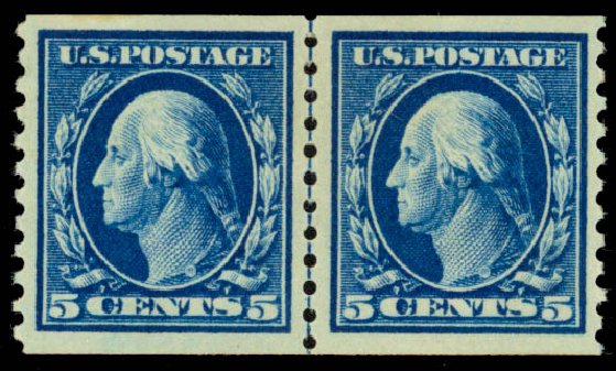 Values of US Stamps Scott Cat. #447: 1914 5c Washington Coil Perf 10 Vertically. Daniel Kelleher Auctions, Sep 2013, Sale 639, Lot 1162