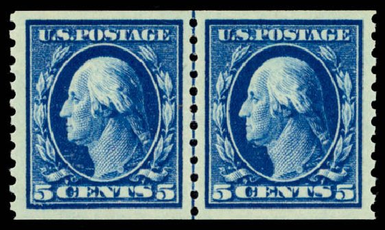 US Stamp Prices Scott Catalogue #447 - 1914 5c Washington Coil Perf 10 Vertically. Daniel Kelleher Auctions, Dec 2014, Sale 661, Lot 372