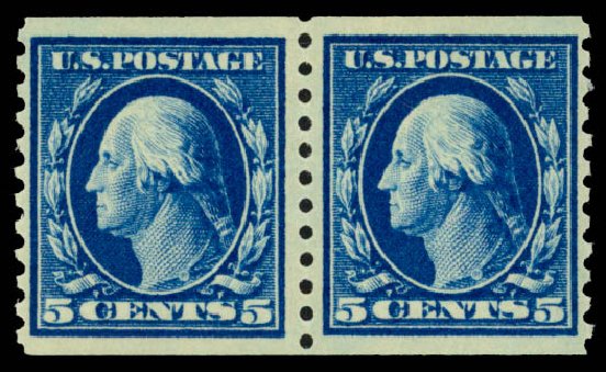 Costs of US Stamp Scott Catalogue 447 - 1914 5c Washington Coil Perf 10 Vertically. Daniel Kelleher Auctions, May 2014, Sale 652, Lot 653