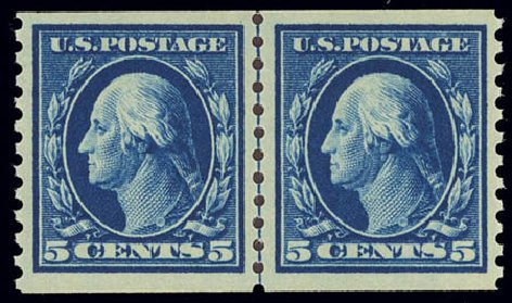 US Stamp Prices Scott 447 - 5c 1914 Washington Coil Perf 10 Vertically. Daniel Kelleher Auctions, Feb 2013, Sale 634, Lot 276