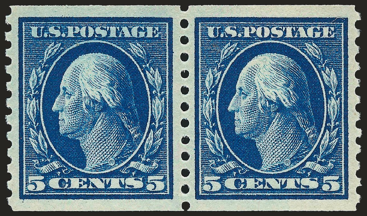 Values of US Stamps Scott Catalog 447: 1914 5c Washington Coil Perf 10 Vertically. Robert Siegel Auction Galleries, Sep 2009, Sale 968B, Lot 576