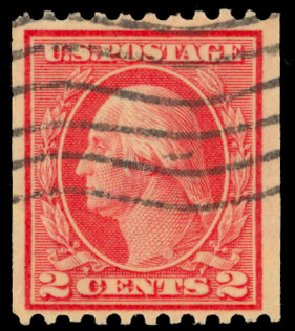 US Stamps Values Scott Cat. #449 - 1915 2c Washington Coil Perf 10 Horizontally. Daniel Kelleher Auctions, Dec 2013, Sale 640, Lot 387