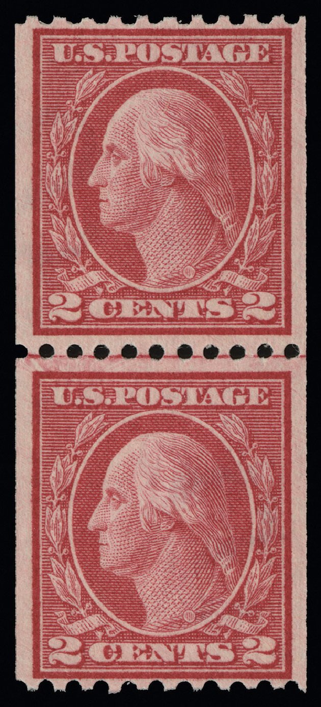 Value of US Stamps Scott Cat. 450 - 1915 2c Washington Coil Perf 10 Horizontally. Spink Shreves Galleries, Aug 2013, Sale 144, Lot 251
