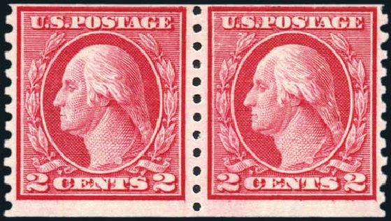 Value of US Stamp Scott # 453 - 1914 2c Washington Coil Perf 10 Vertically. Harmer-Schau Auction Galleries, Oct 2009, Sale 83, Lot 437