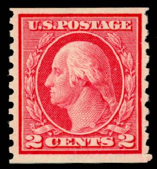 US Stamp Value Scott 453: 1914 2c Washington Coil Perf 10 Vertically. Daniel Kelleher Auctions, May 2014, Sale 652, Lot 667