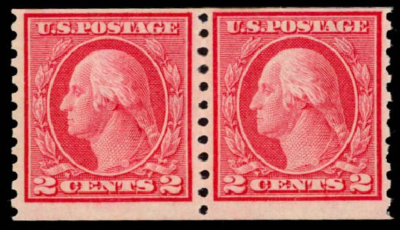 US Stamp Values Scott Cat. # 453: 2c 1914 Washington Coil Perf 10 Vertically. Daniel Kelleher Auctions, Sep 2014, Sale 655, Lot 509