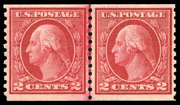 US Stamp Values Scott Cat. # 453 - 1914 2c Washington Coil Perf 10 Vertically. Matthew Bennett International, May 2014, Sale 350, Lot 600