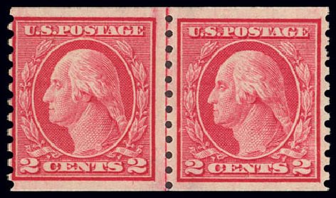 US Stamps Value Scott Cat. # 453 - 1914 2c Washington Coil Perf 10 Vertically. Daniel Kelleher Auctions, Feb 2013, Sale 634, Lot 281