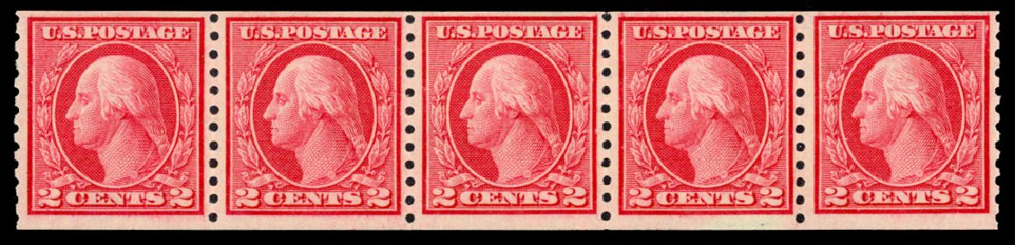 Prices of US Stamp Scott Catalogue 453 - 1914 2c Washington Coil Perf 10 Vertically. Daniel Kelleher Auctions, Dec 2013, Sale 640, Lot 391