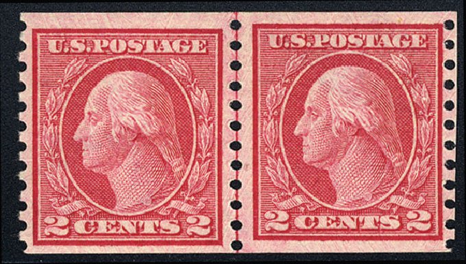 US Stamps Values Scott Cat. #453: 1914 2c Washington Coil Perf 10 Vertically. Cherrystone Auctions, Jan 2009, Sale 200901, Lot 223