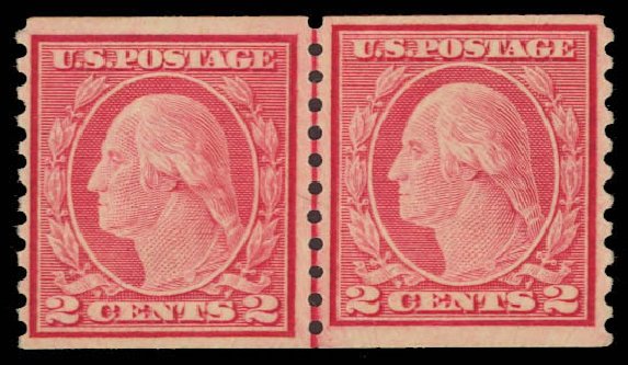Values of US Stamps Scott Catalog #454 - 2c 1915 Washington Coil Perf 10 Vertically. Daniel Kelleher Auctions, Oct 2012, Sale 632, Lot 1364