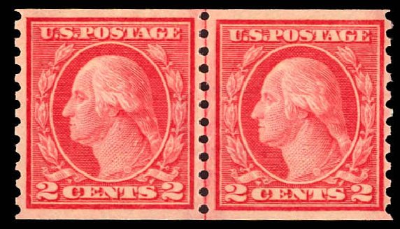 US Stamp Values Scott Catalogue 454 - 1915 2c Washington Coil Perf 10 Vertically. Daniel Kelleher Auctions, Dec 2012, Sale 633, Lot 804