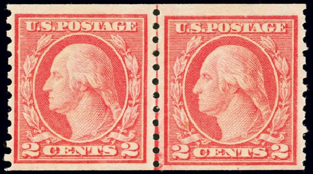 Value of US Stamp Scott Catalog 454: 1915 2c Washington Coil Perf 10 Vertically. Matthew Bennett International, Jun 2008, Sale 328, Lot 975
