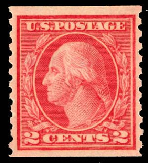 Value of US Stamp Scott 454: 2c 1915 Washington Coil Perf 10 Vertically. Daniel Kelleher Auctions, Dec 2012, Sale 633, Lot 802