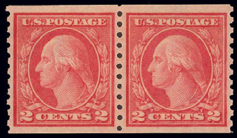 Prices of US Stamp Scott 454 - 2c 1915 Washington Coil Perf 10 Vertically. Daniel Kelleher Auctions, Feb 2013, Sale 634, Lot 283