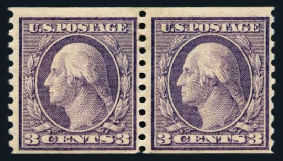 US Stamp Values Scott Catalog # 456: 1916 3c Washington Coil Perf 10 Vertically. Harmer-Schau Auction Galleries, Aug 2014, Sale 102, Lot 2027