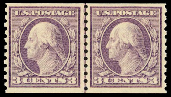 US Stamp Values Scott 456 - 3c 1916 Washington Coil Perf 10 Vertically. Daniel Kelleher Auctions, Sep 2013, Sale 639, Lot 3577