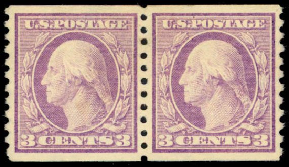 Values of US Stamp Scott Cat. 456 - 3c 1916 Washington Coil Perf 10 Vertically. Daniel Kelleher Auctions, Apr 2013, Sale 636, Lot 358