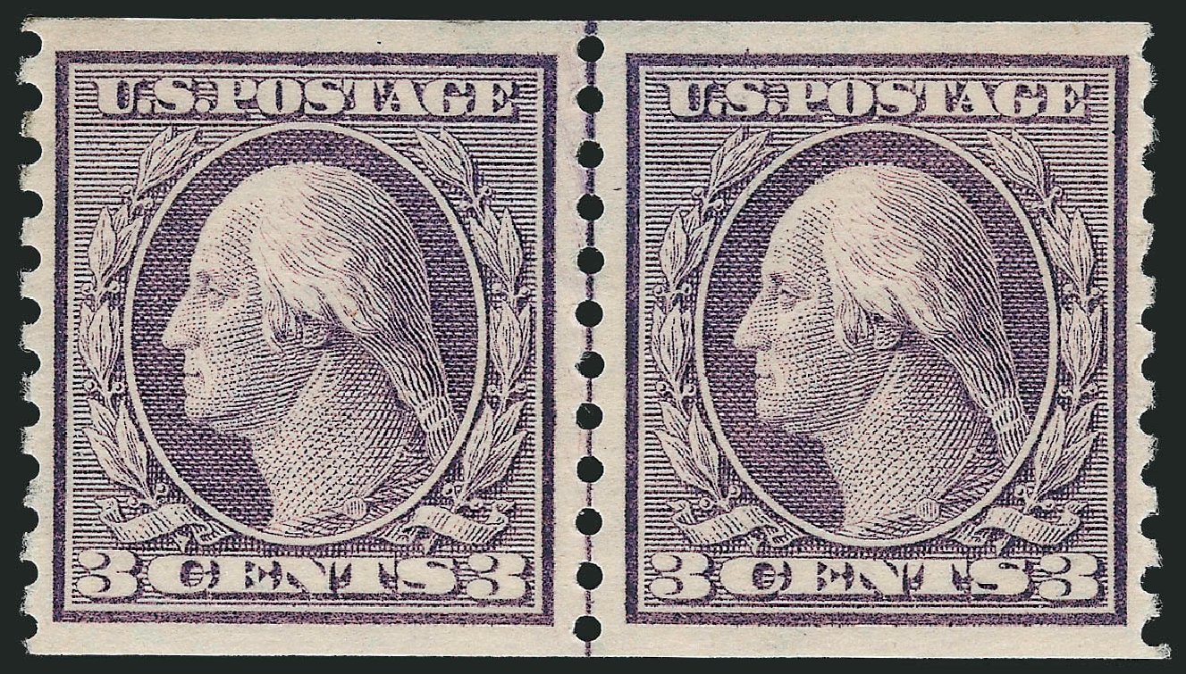 US Stamps Values Scott Cat. #456: 1916 3c Washington Coil Perf 10 Vertically. Robert Siegel Auction Galleries, Nov 2012, Sale 1034, Lot 424