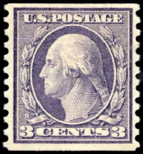 US Stamp Values Scott Cat. # 456: 3c 1916 Washington Coil Perf 10 Vertically. Harmer-Schau Auction Galleries, Oct 2010, Sale 87, Lot 305