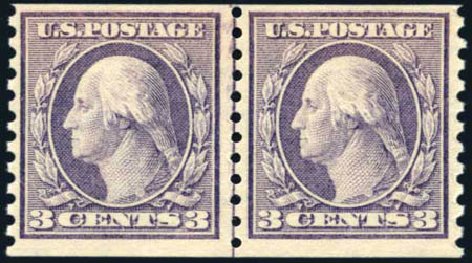 US Stamp Value Scott 456 - 3c 1916 Washington Coil Perf 10 Vertically. Harmer-Schau Auction Galleries, Aug 2011, Sale 90, Lot 1525