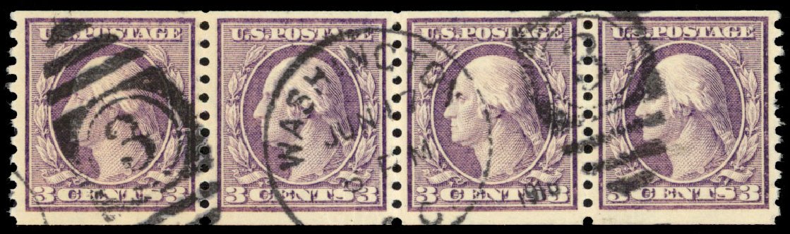 Value of US Stamp Scott Catalog 456: 1916 3c Washington Coil Perf 10 Vertically. Daniel Kelleher Auctions, Dec 2013, Sale 640, Lot 395