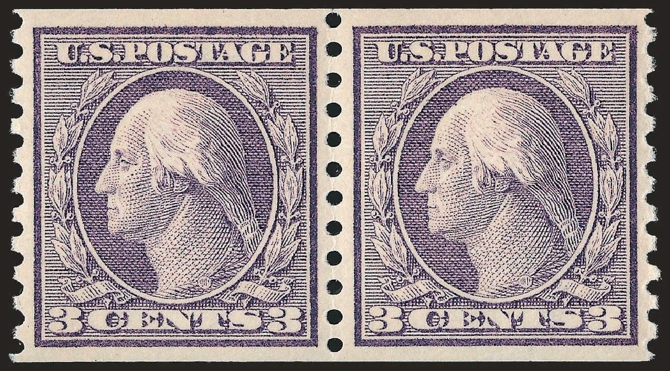 Values of US Stamps Scott Catalog 456 - 1916 3c Washington Coil Perf 10 Vertically. Robert Siegel Auction Galleries, Jun 2009, Sale 975, Lot 1882