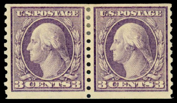 Values of US Stamp Scott # 456: 1916 3c Washington Coil Perf 10 Vertically. Daniel Kelleher Auctions, Dec 2013, Sale 640, Lot 393
