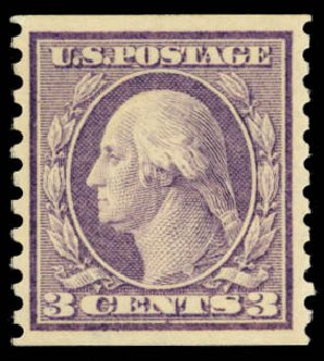 US Stamps Price Scott Catalogue 456 - 1916 3c Washington Coil Perf 10 Vertically. Daniel Kelleher Auctions, Dec 2014, Sale 661, Lot 373