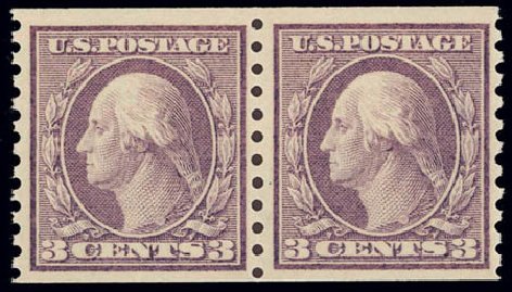 US Stamp Value Scott Catalogue # 456 - 1916 3c Washington Coil Perf 10 Vertically. Daniel Kelleher Auctions, Feb 2013, Sale 634, Lot 286