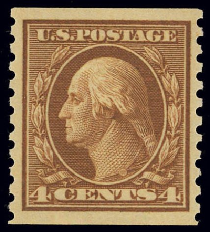 US Stamp Value Scott 457: 1915 4c Washington Coil Perf 10 Vertically. Daniel Kelleher Auctions, Feb 2013, Sale 634, Lot 287
