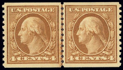 US Stamps Price Scott Catalogue 457 - 1915 4c Washington Coil Perf 10 Vertically. Daniel Kelleher Auctions, Feb 2013, Sale 634, Lot 288