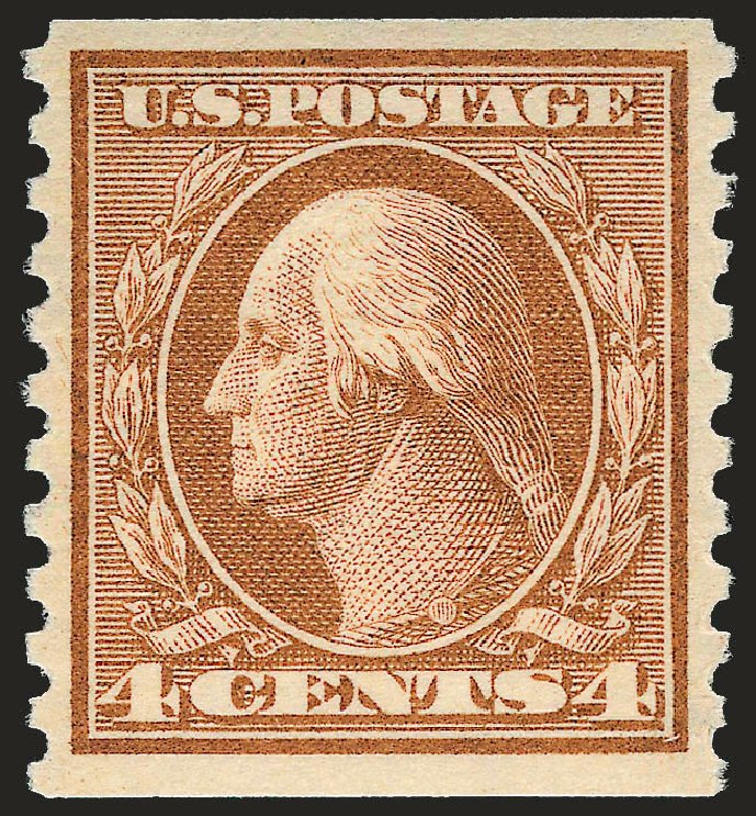 Value of US Stamps Scott #457 - 1915 4c Washington Coil Perf 10 Vertically. Robert Siegel Auction Galleries, Sep 2009, Sale 968B, Lot 599